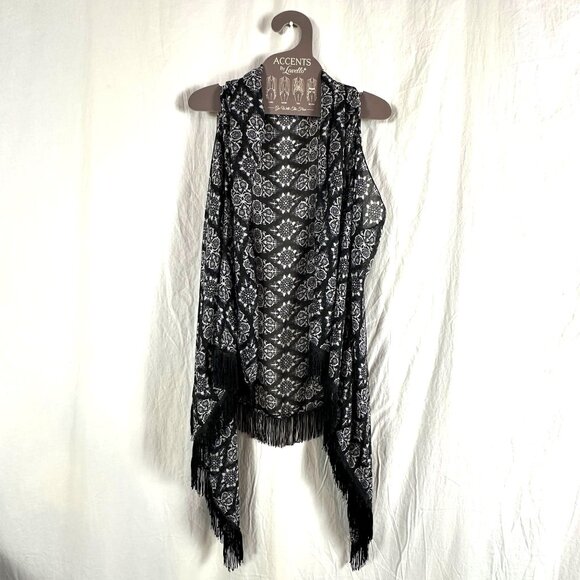 Lavello Womens Black & White Chiffon Convertible Fringe Vest Whimsical Sheer - Picture 1 of 8